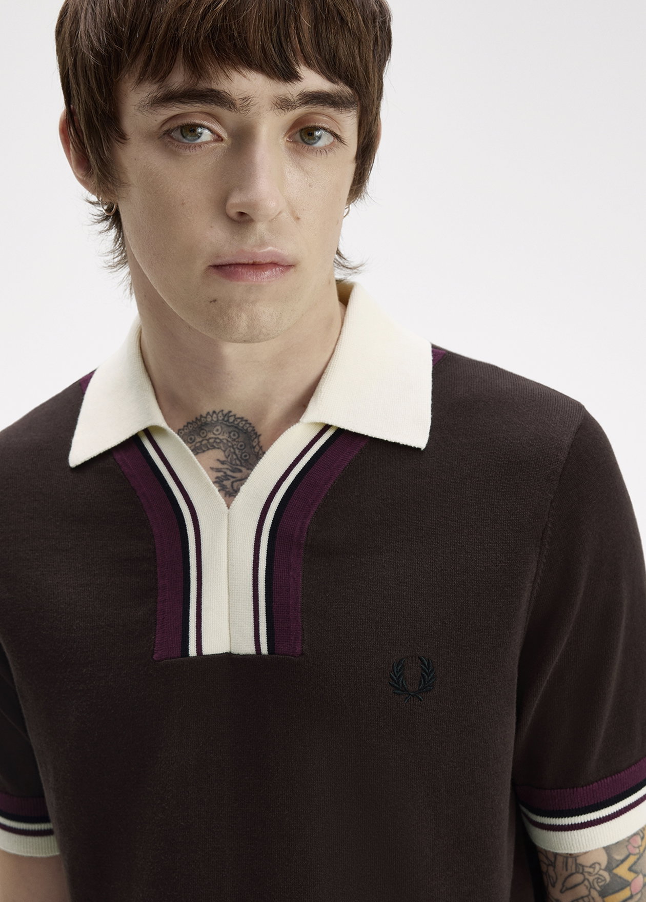 Male model wearing a Fred Perry Open Neck Knitted Shirt
