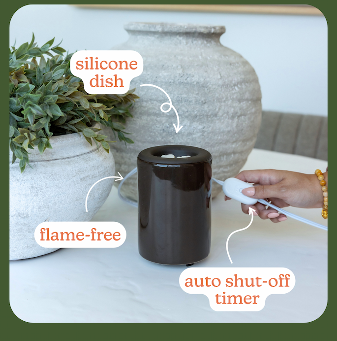 silicone dish. flame free. auto shut-off timer. 
