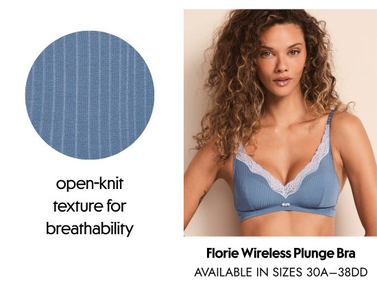 Open-knit texture for breathability. Florie Wireless Plunge Bra - available in sizes 30A–38DD.