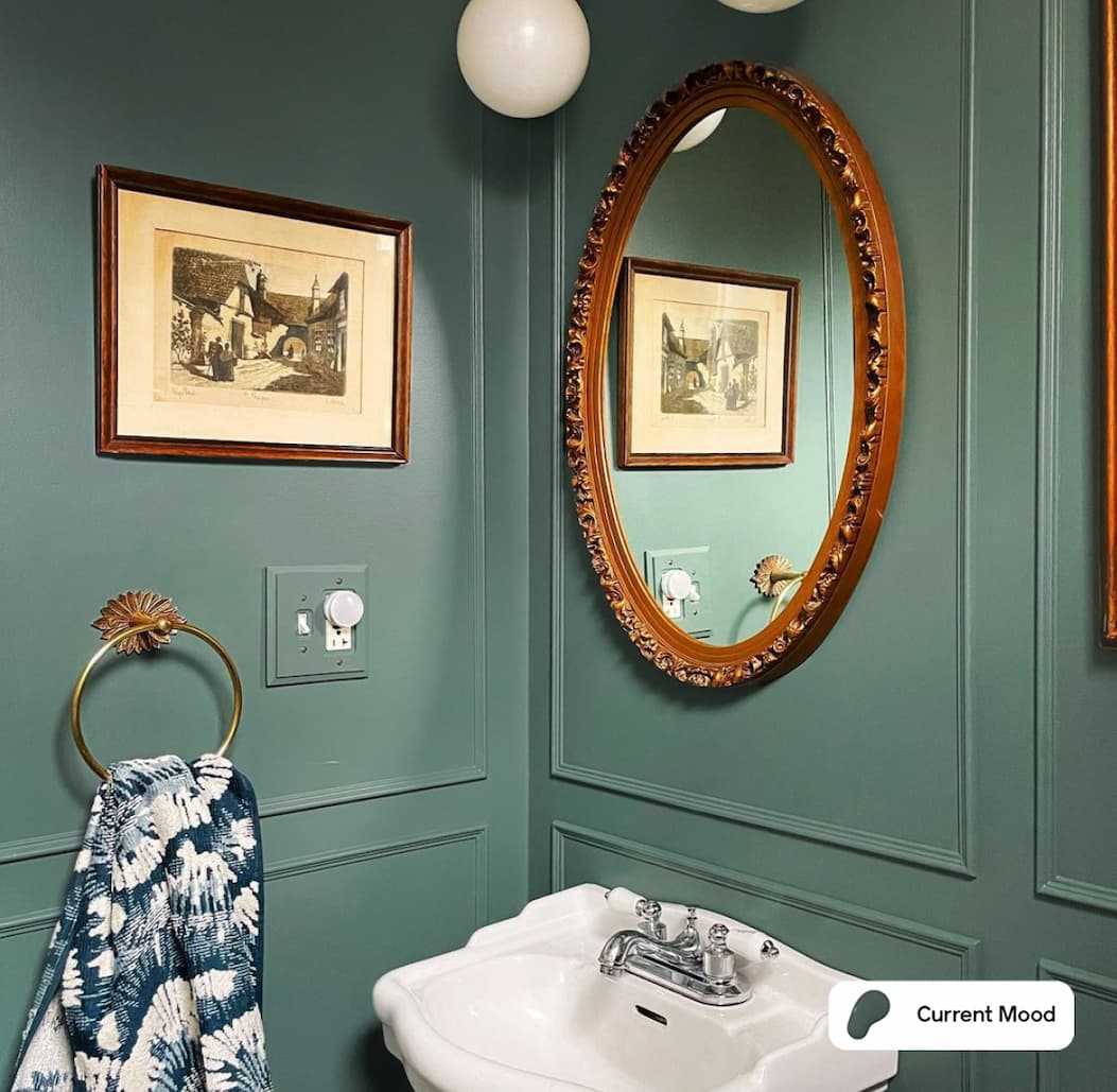 Bathroom featuring moody green paint color Current Mood