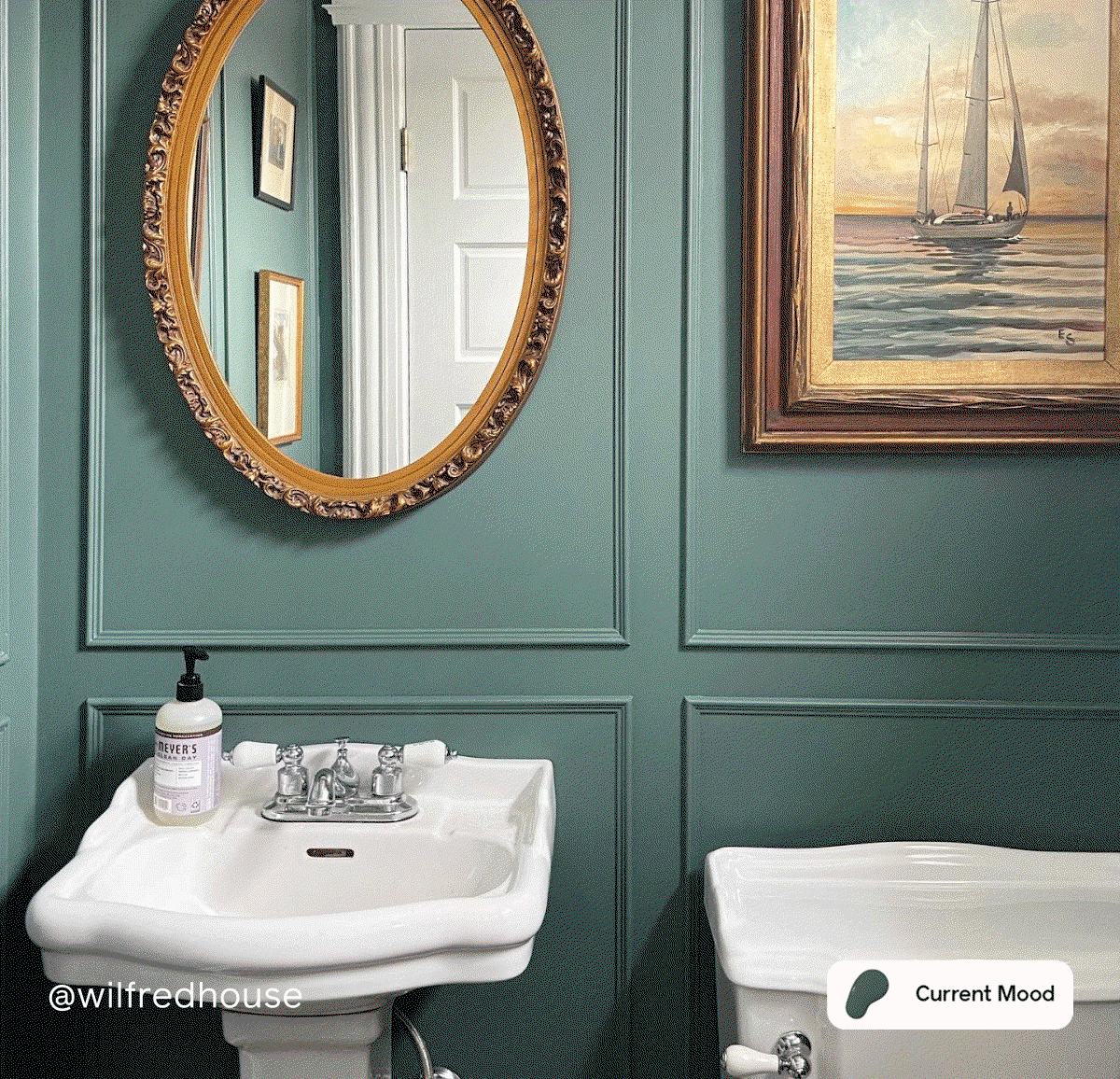 Bathroom featuring moody green paint color Current Mood