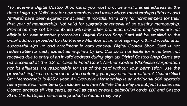 Digital Costco Shop Card Disclaimer | Terms & Conditions Apply - See Website for Details