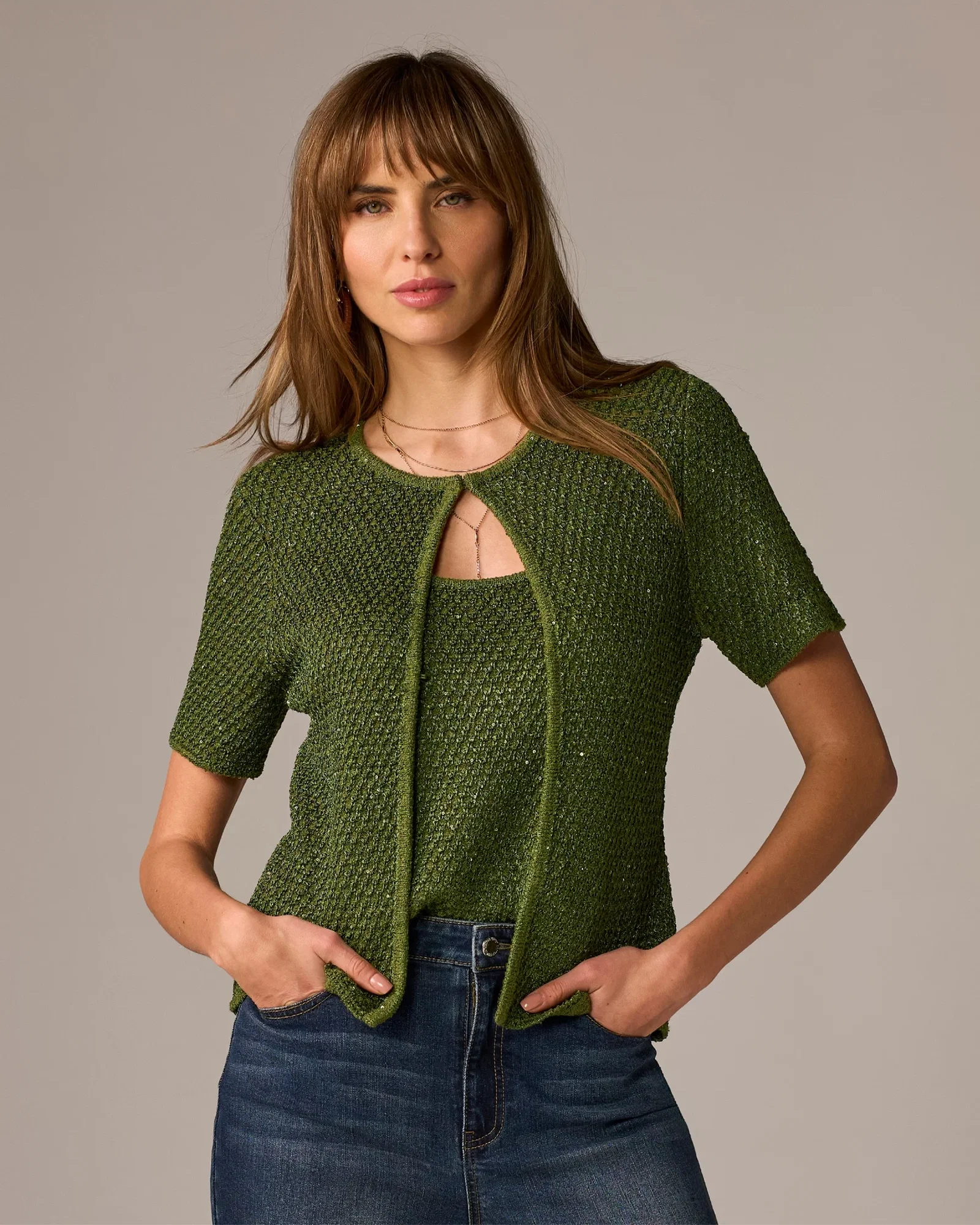 Image of Sequin and Metallic Short Sleeve Cardigan & Tank Set Metallic Bronze Green