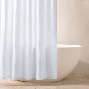 Waffle Shower Curtain White - Casaluna: Cotton Blend Machine Washable Butto