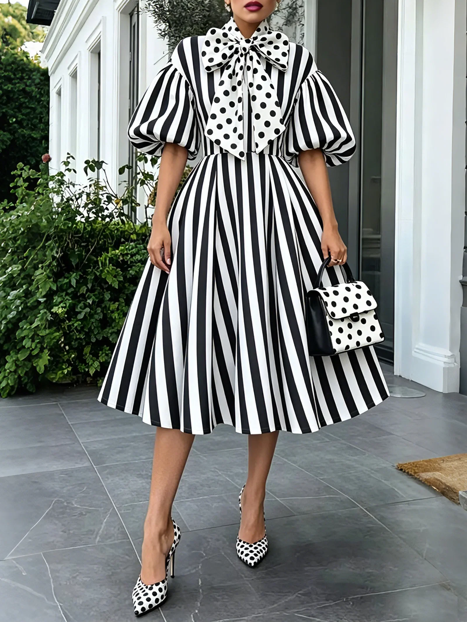 Urban Stripe & Polka Dot Regular Fit Midi Dress for Gathering