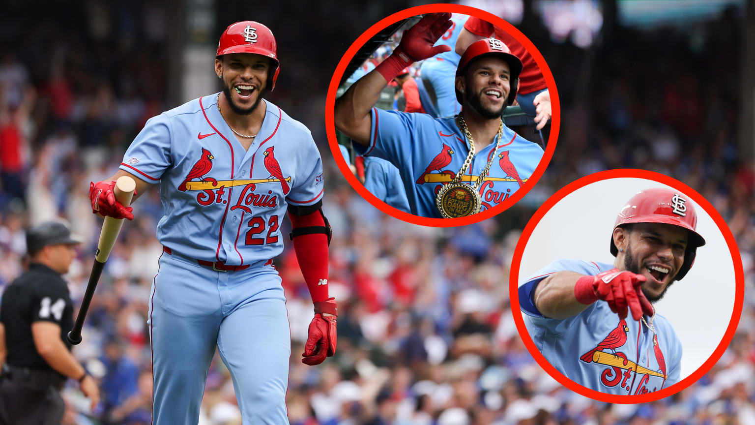 An image of Joshua Báez with two insets of the Cardinals rookie from his three-homer debut 