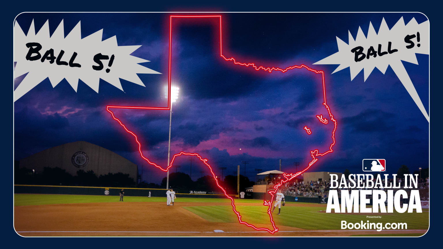 An image of the ballpark at Texas A&M behind a red outline of the state of Texas