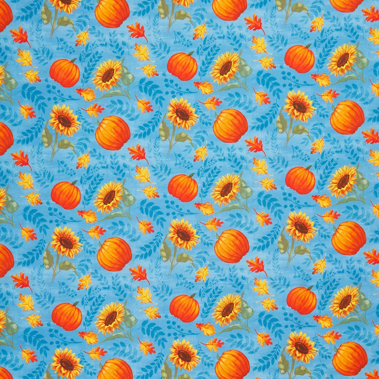 Harvest Delight - Sunflowers & Pumpkins Blue Yardage