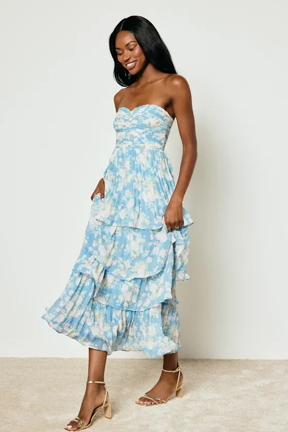 Image of Seriously Sensational Blue Floral Strapless Tiered Maxi Dress