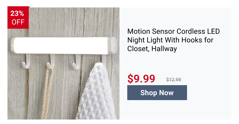 Motion Sensor Cordless LED Night Light With Hooks for Closet, Hallway