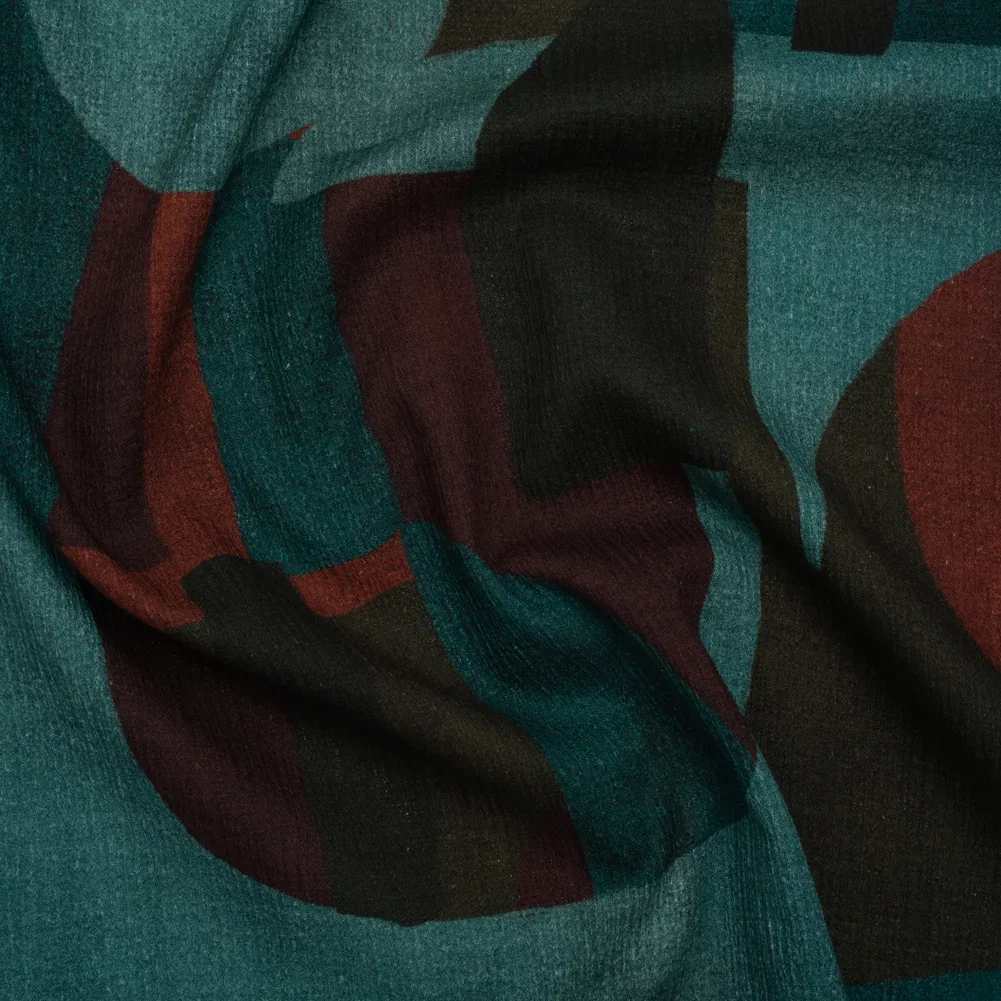 Image of Slubbed Gauzy Cotton Woven - Teal, Burgundy and Olive Brown Geometric Abstract - Mood Exclusive Broken Symmetry Print