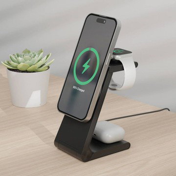 Just Wireless 3-in-1 Magnetic Wireless Charger - Black: USB-C, MagSafe Comp