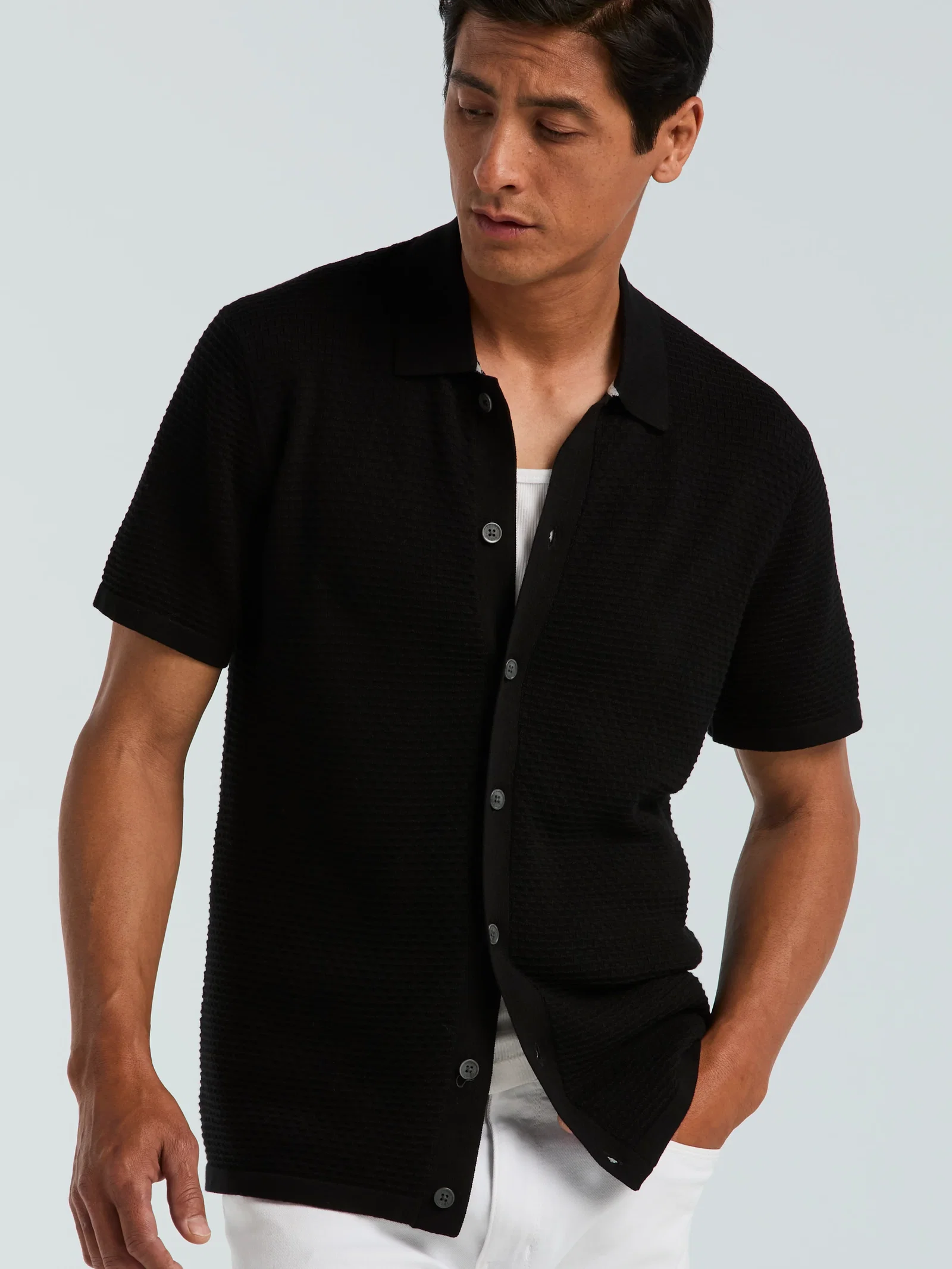 Cotton Wavy Knit Button Front Sweater Polo