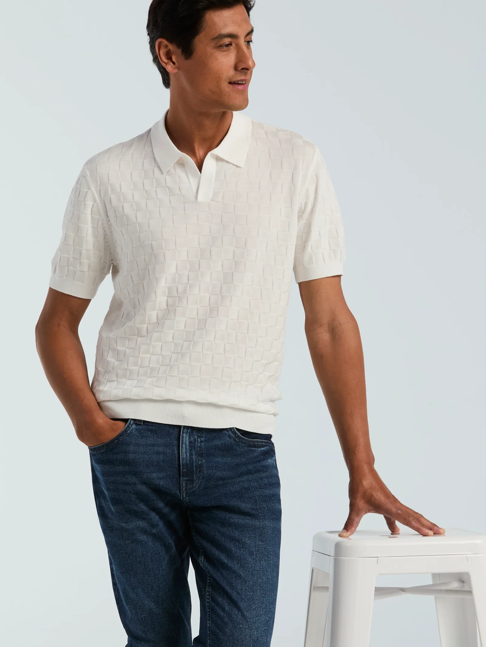 Square Pattern Open Collar Sweater Polo