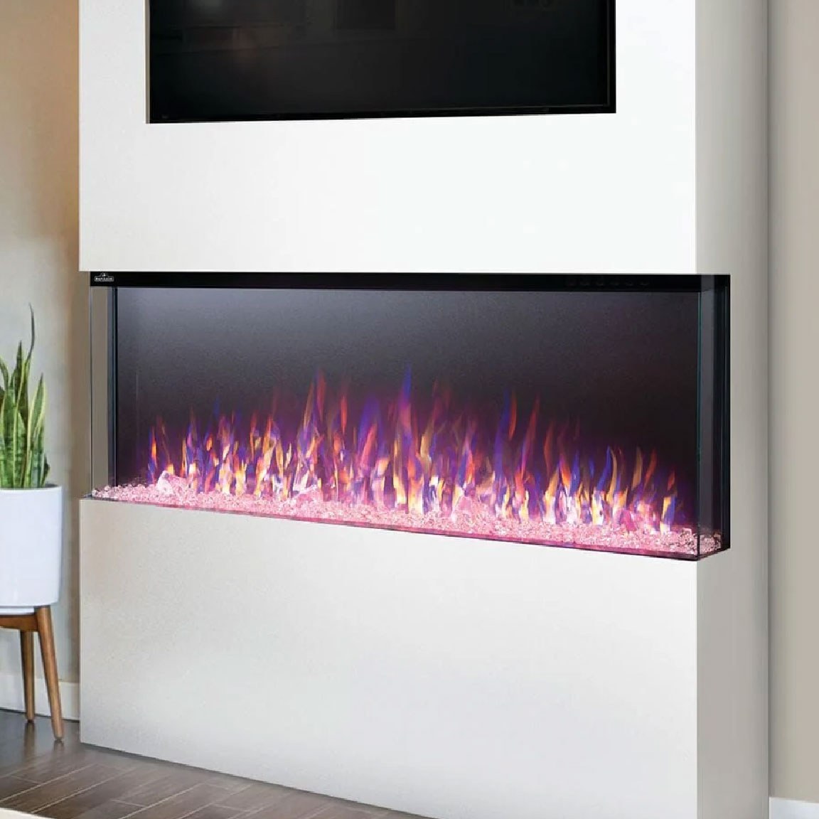 Modern electric fireplace with colorful flames.