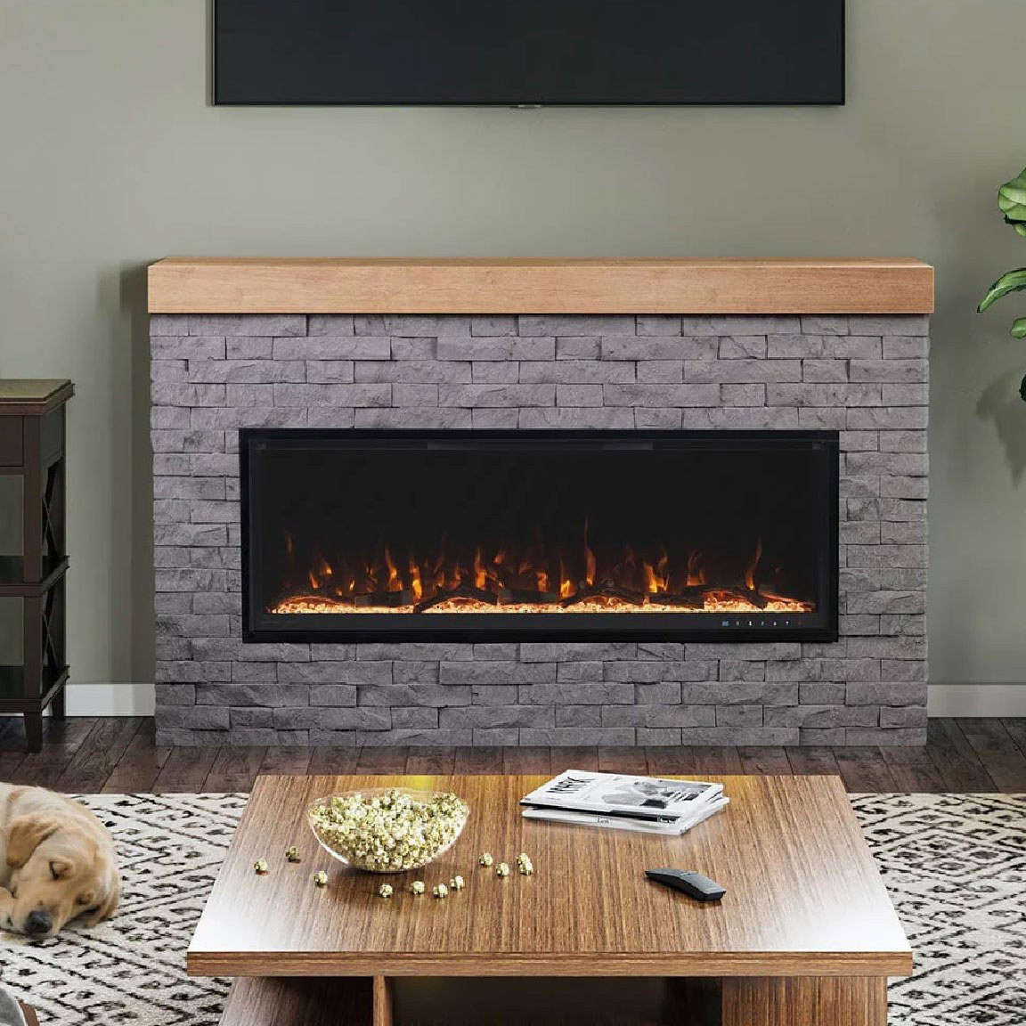 Cozy living room with fireplace and sleeping dog.