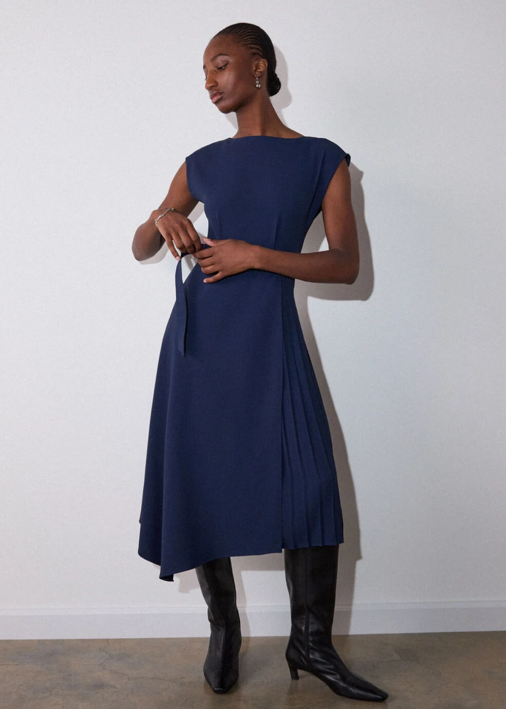 Navy Pleat Detail Asymmetric Midi Dress