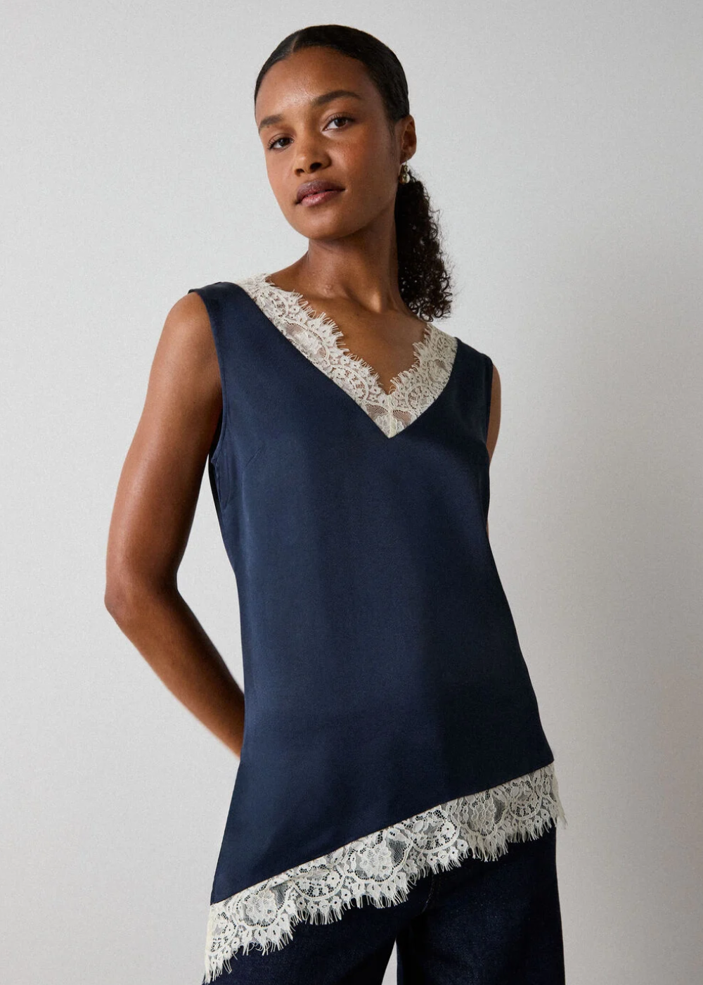 Navy Lace Trim Satin Cami Top