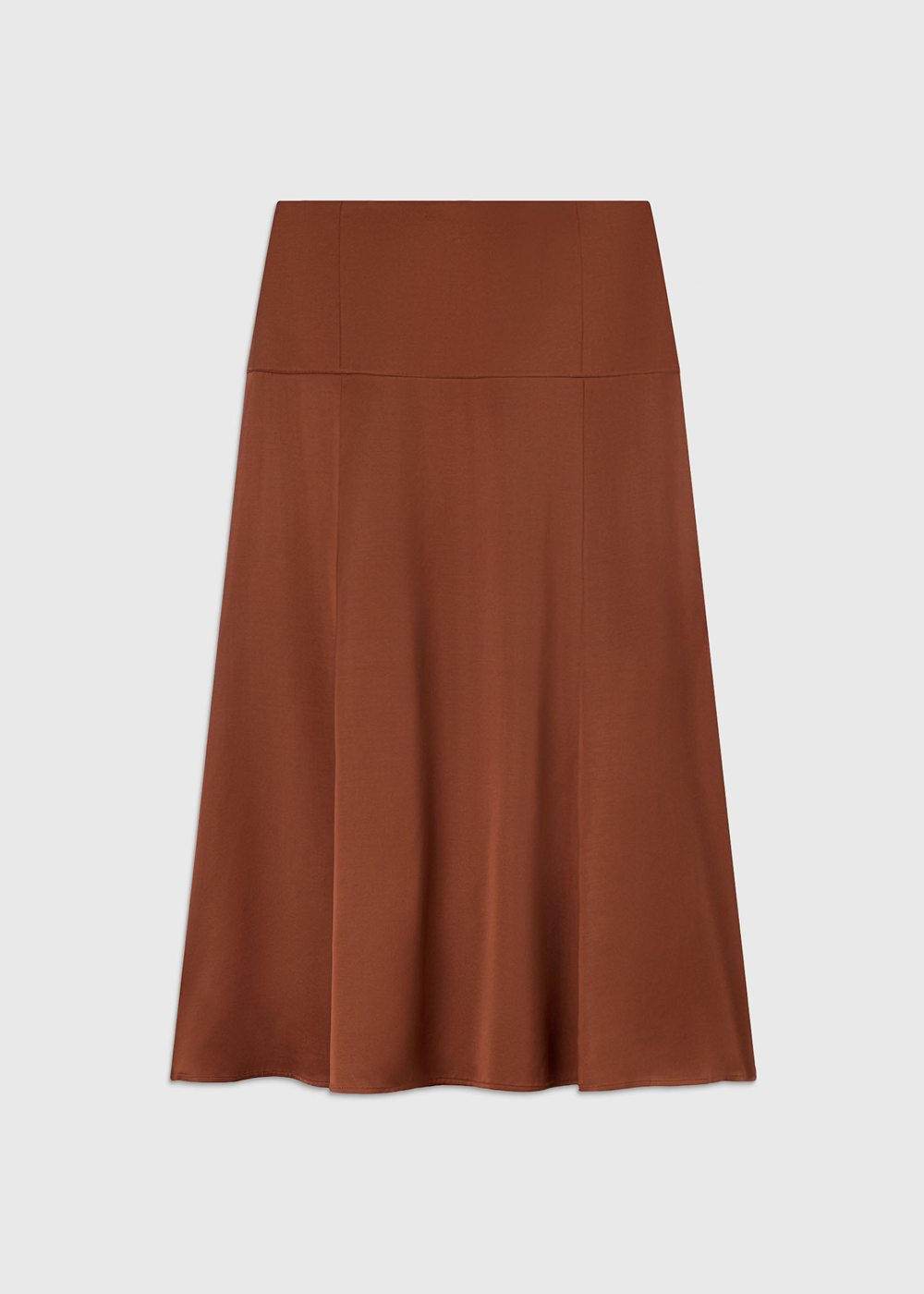 Brown Panel Waist Satin Midi Skirt