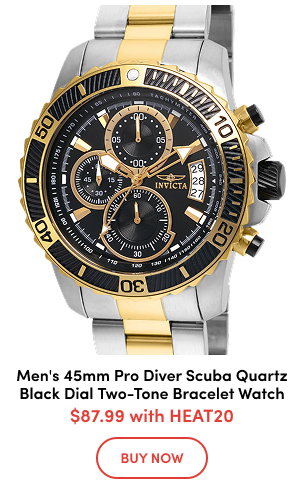 INV-22418  INVICTA Men's 45mm Pro Diver Scuba Quartz Chronograph Black Dial Two-Tone Bracelet Watch  $87.99 with HEAT20