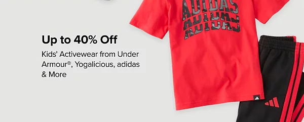Up to 40% off kids activewear from Under Armour, Yogalicious, adidas and more. Shop now. A red tee shirt and black athletic pants.