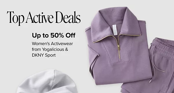 Top active deals. Up to 50% off womens activewear from Yogalicious and DKNY Sport. Shop now. A matching purple sweatshirt and pants.