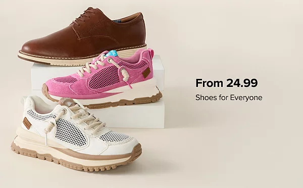 From 24.99 shoes for everyone. Shop now. Various pairs of shoes.