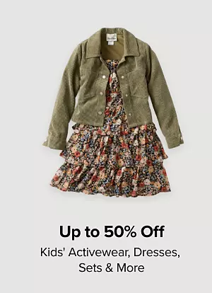 Up to 50% off kids apparel, dresses, sets and more. Shop now. A kids floral dress and green jacket.