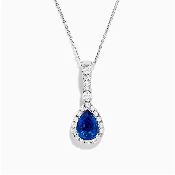 14K White Gold Pear Shape Blue Sapphire and Diamond Pendant