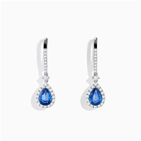 14K White Gold Pear Shape Blue Sapphire and Diamond Drop Earrings