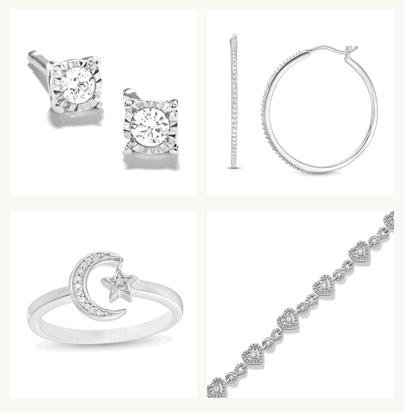4-grid layout of unique silver-set jewelry with diamond accents, including ring, heart-bracelet, large hoops & studs.