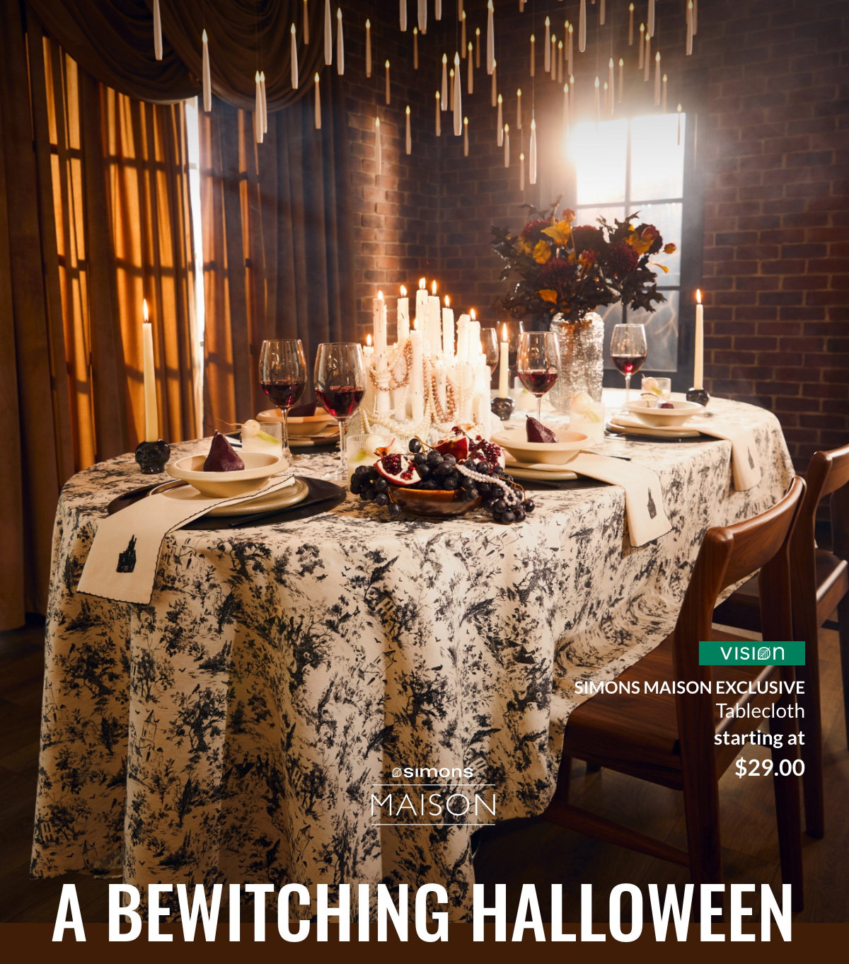 Simons Maison; Dining room with a Halloween theme; Vision Simons Maison Exclusive Tablecloth starting at 29.00$