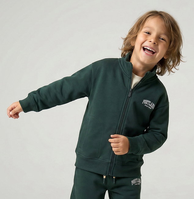 Zipped sweatshirt for boys with a trucker neck - fir green