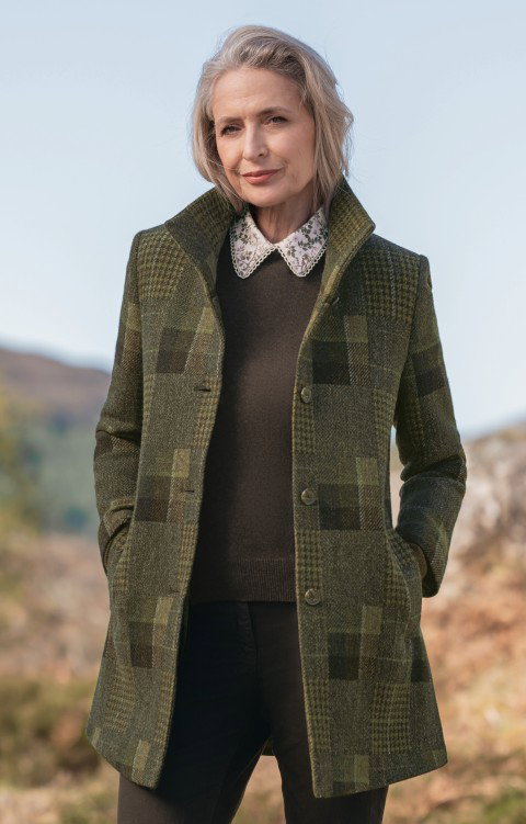 Ladies Patchwork Tweed Funnel Coat