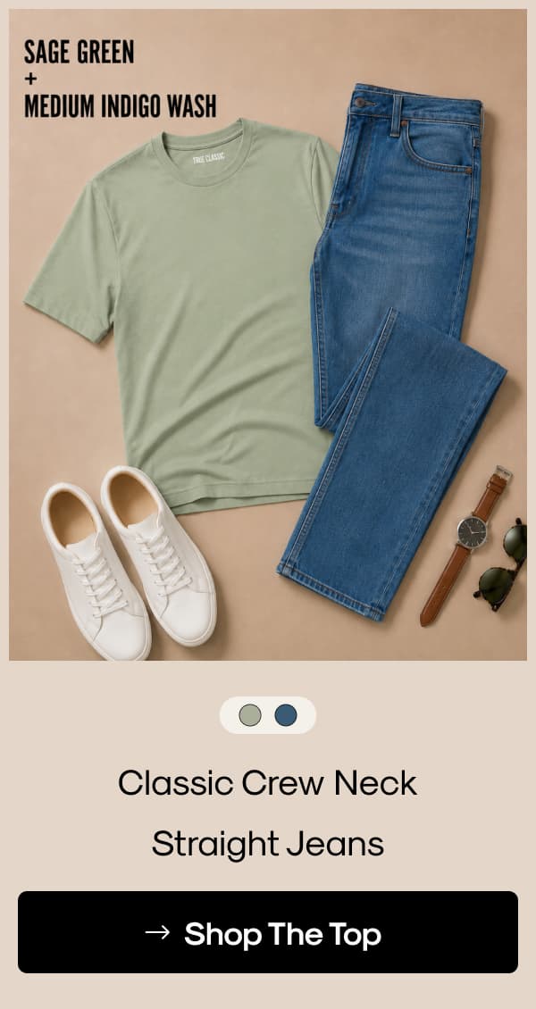 sage green crew neck and blue jeans