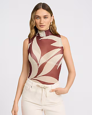 Mesh Printed Mock Neck Sleeveless Bodysuit