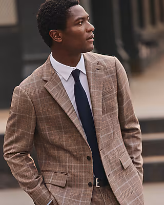 Slim Brown Plaid Wool-Blend Flannel Suit Jacket
