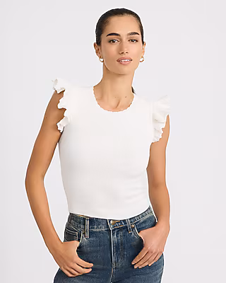 Ribbed Crew Neck Flutter Sleeve Tee