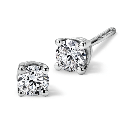 Round diamond stud earrings in white gold four-prong settings.