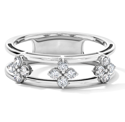 White gold ring featuring diamond-like marquise-cut stones in floral design.