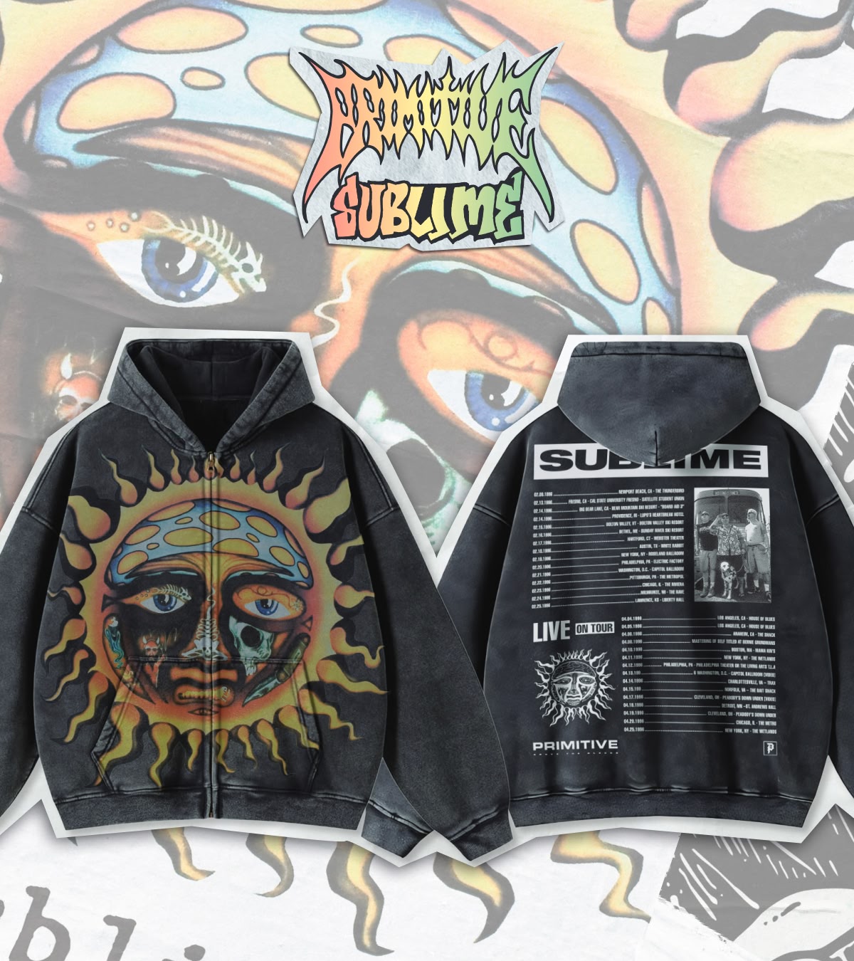 Check out the Merch Shop, featuring hoodies from Primitive x Sublime