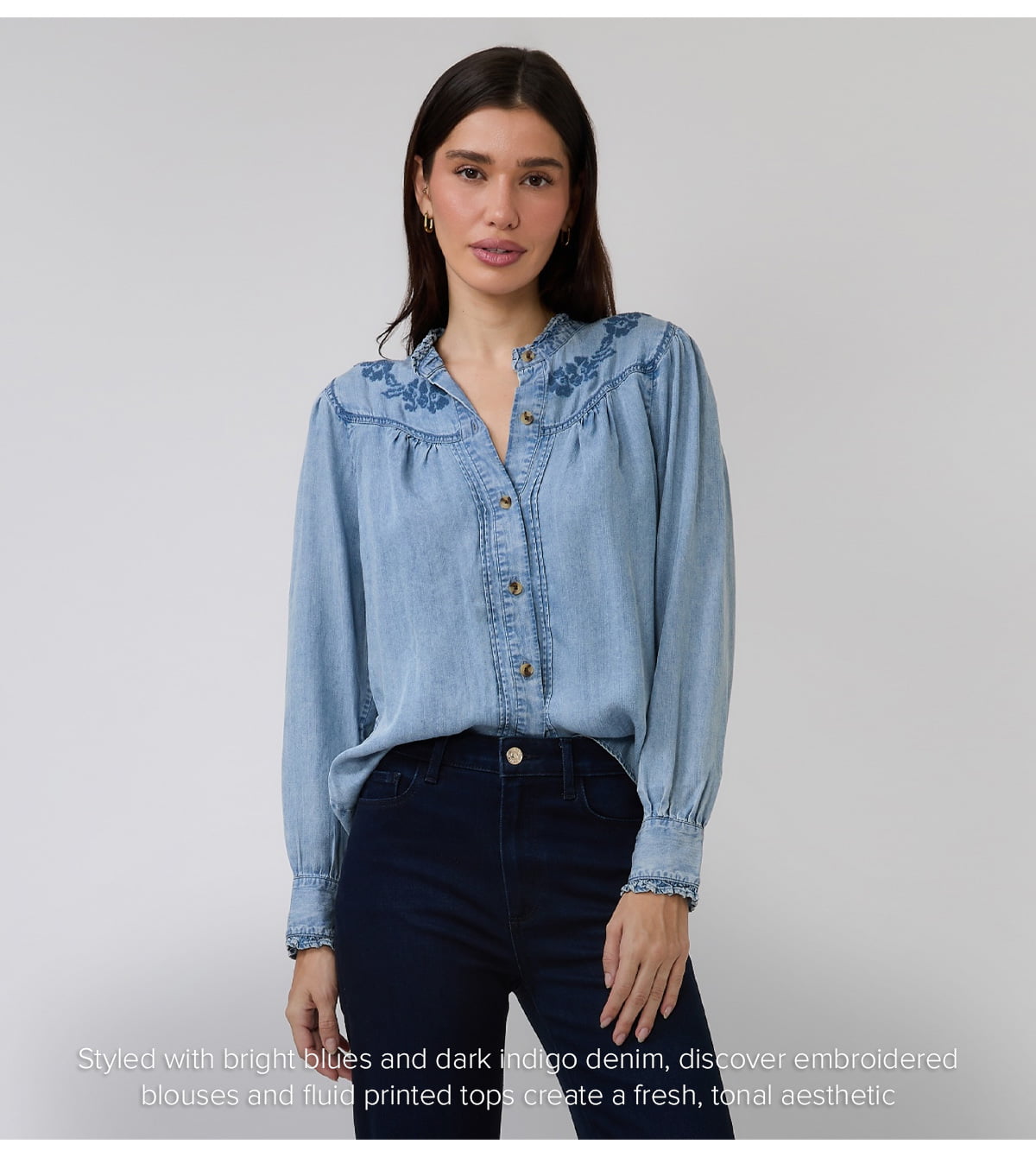 Styled with bright blues and dark indigo denim, discover embroidered blouses and fluid printed tops create a fresh, tonal aesthetic