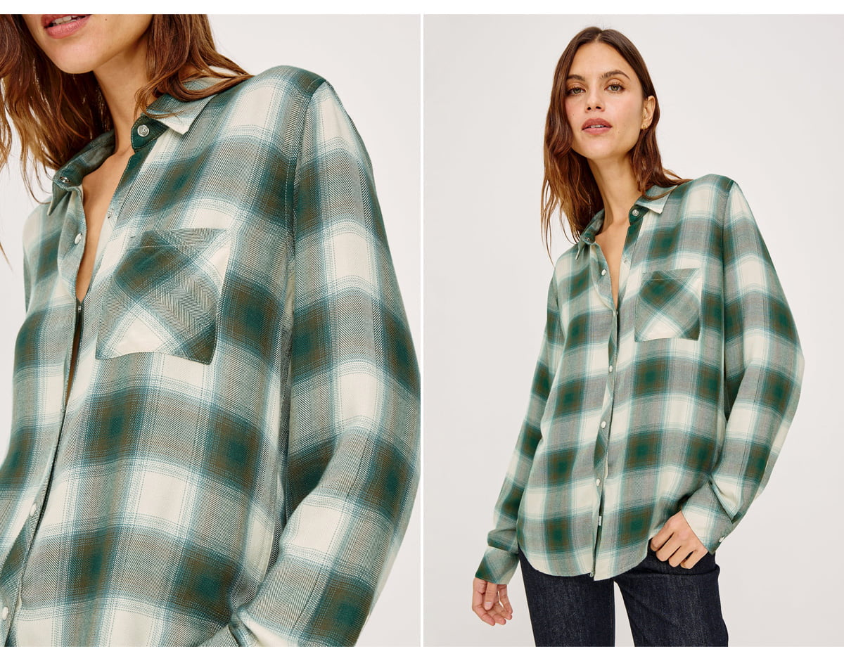 Add depth to blue denim with soft checked shirting and washed olive tones.