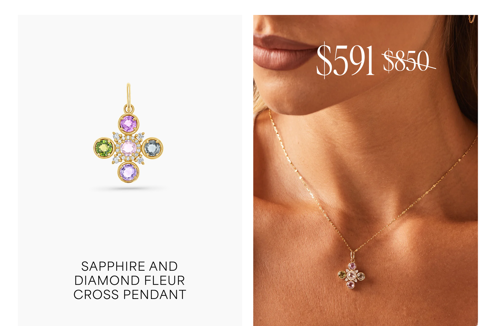 Sapphire and Diamond Fleur Cross Pendant