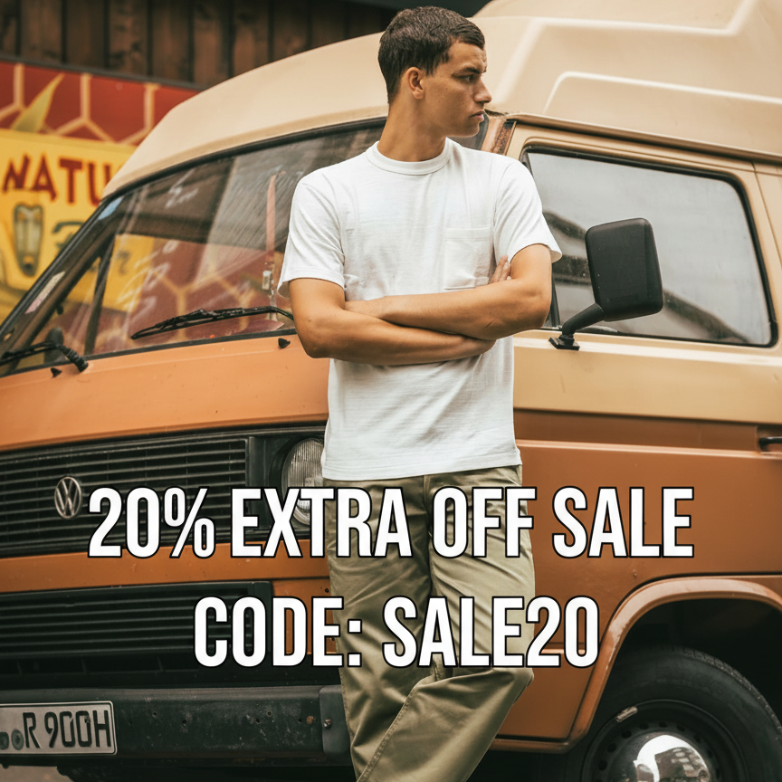 Man in white t-shirt and green pants leans against a van, advertising a 20% off sale with code SALE20.