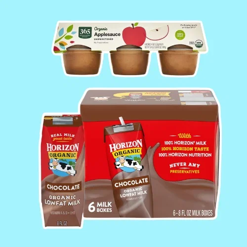 box of horizon chocolate milk and apple sauce
