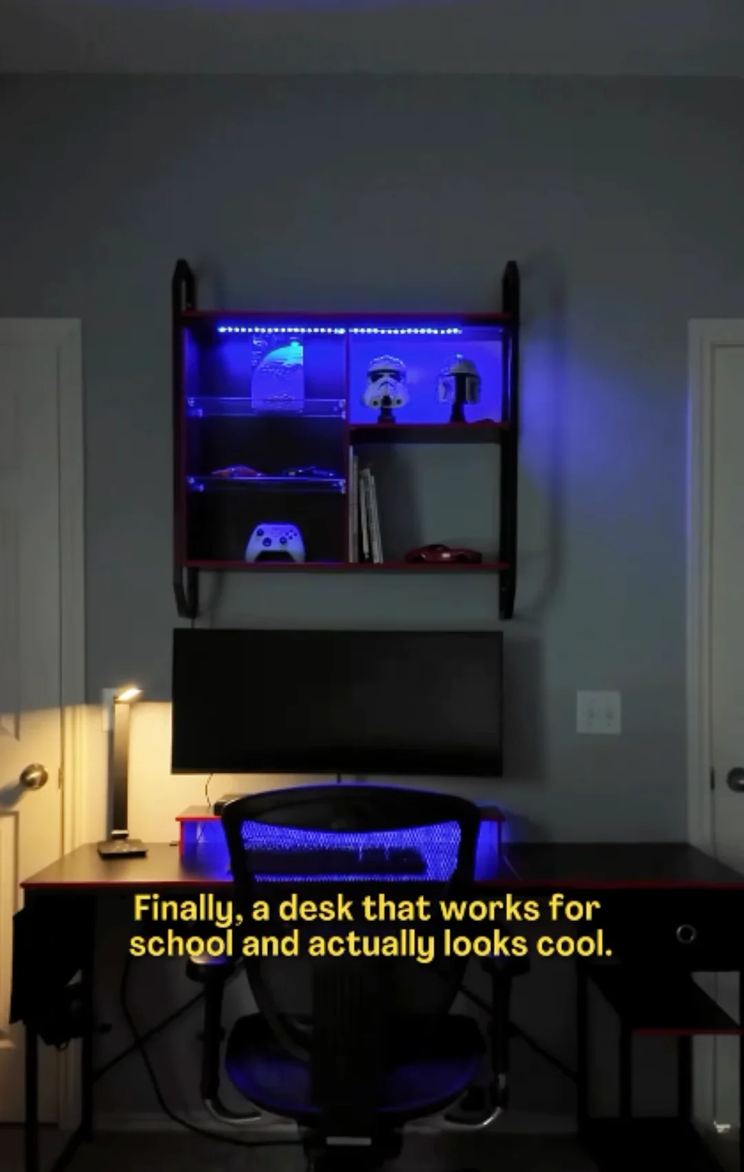 computer desk with shelf and blue lights