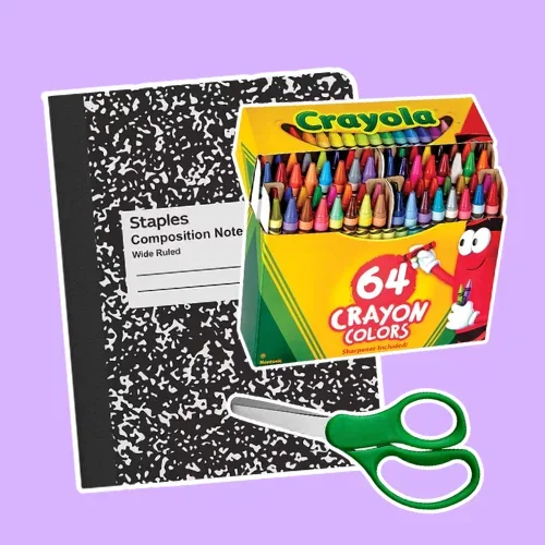 marble notebook, crayola crayons and scissor