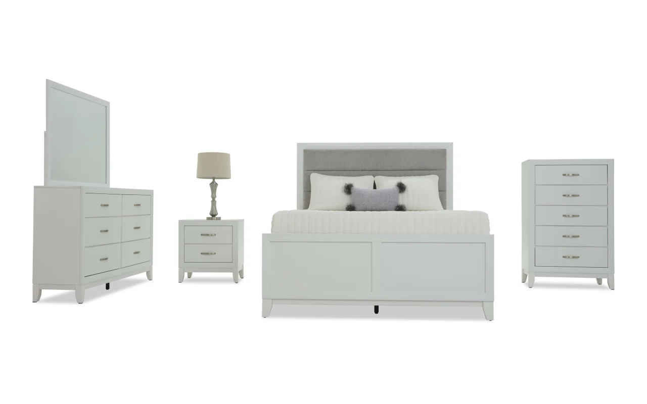 Trinity 5 Piece Full White & Gray Upholstered Panel Bedroom Set