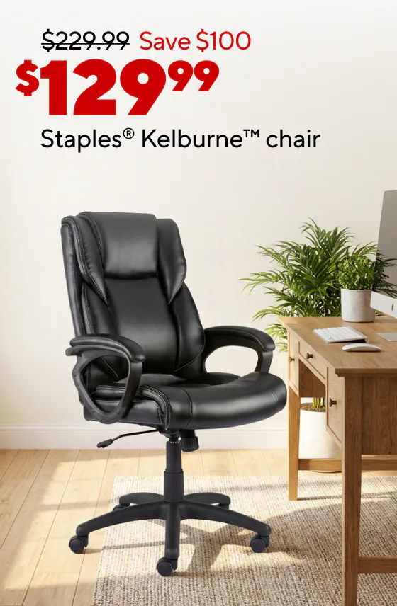 $129.99 Staples Kelburne chair
$59.99 Staples 6'x30